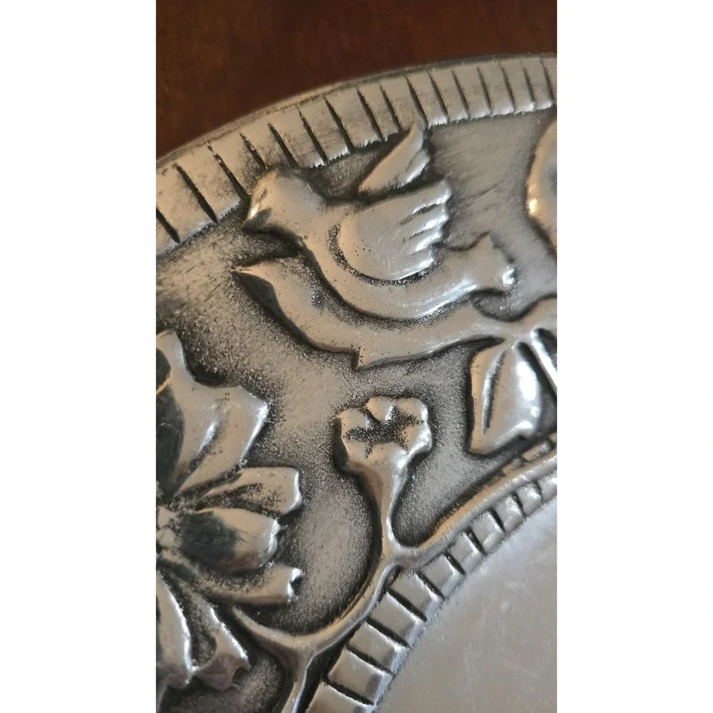 VTG 90s Wilton Armetale Garden Path Charger Plate Floral Bird Embossed Metal USA